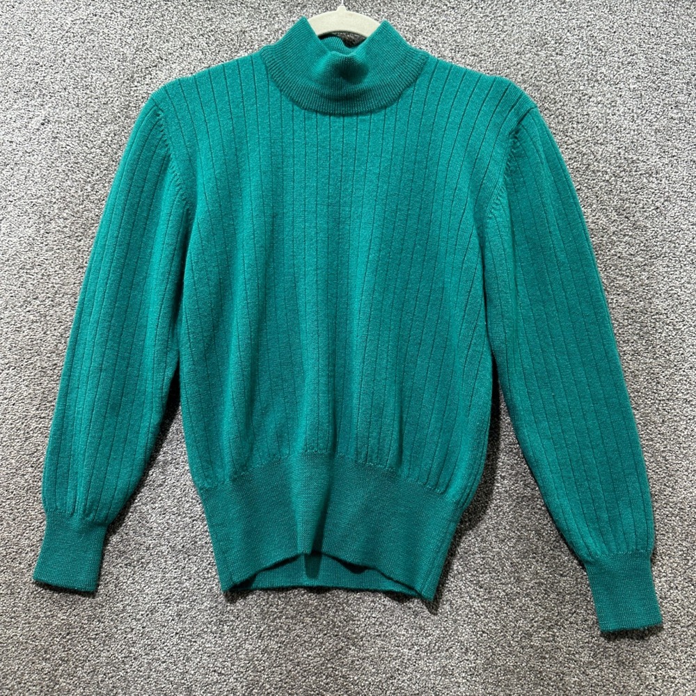 VTG Valerie Stevens Sweater Women Medium Green 100% Merino Wool Ribbed Mock Neck